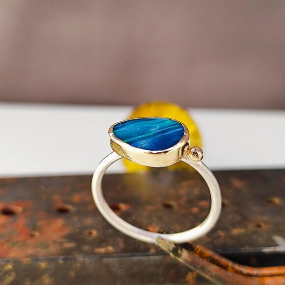 14K solid Yellow gold & Sterling silver ring with Blue Australian Opal. - Picture 1 of 14